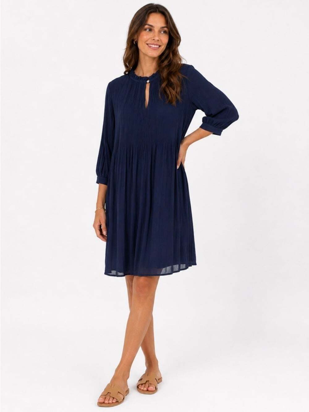 Halston Blue High Neck Keyhole Pleated Ling Sleeved Stretch MIDI Dress S…